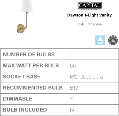 Vista 4 de Capital Lighting 619311AD-674 Dawson Pantalla de Tela Blanca Decorativa Stay-Straight Aplique de Pared, 1-Luz 60 Vatios, 17" H x 6" A, Latón