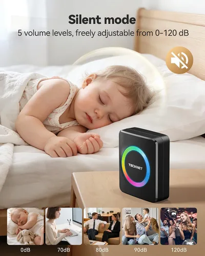 Vista 6 de TECKNET Timbre inalámbrico, timbre de puerta de 0 a 120 dB, rango de batería de 1300 pies, timbres de aula IP66 impermeables, 60 campanadas y 5