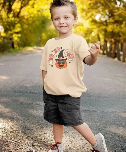 Vista 5 de Wicked - Lindas camisetas retro de Halloween para niños y niñas pequeñas con diseño de cara de calabaza, camiseta de manga corta para otoño
