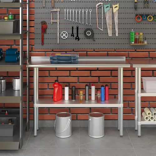 Vista 8 de AmGood Mesa de trabajo de acero inoxidable con protector contra salpicaduras de 1.5 pulgadas Mesa de preparación de alimentos de cocina de metal
