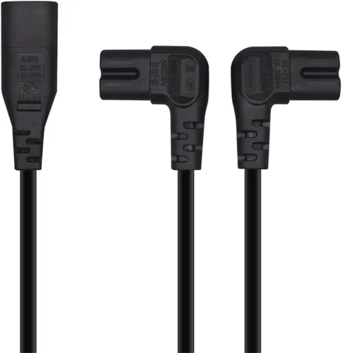 Vista 4 de Cable de alimentación IEC 320 C8 a C7 dual figura 8 macho a doble ángulo recto hembra adaptador 1 en 2 salidas CA, cable de alimentación IEC 320 C8