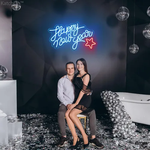 Vista 5 de KatchOn, Cartel LED Azul de Feliz Año Nuevo - 16x10 Pulgadas Cartel de Año Nuevo Neón Cartel Iluminado de Feliz Año Nuevo para Suministros