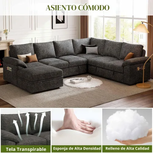 Vista 5 de Sofá modular modular de 106 pulgadas con cama extraíble, sofá cama, gris oscuro