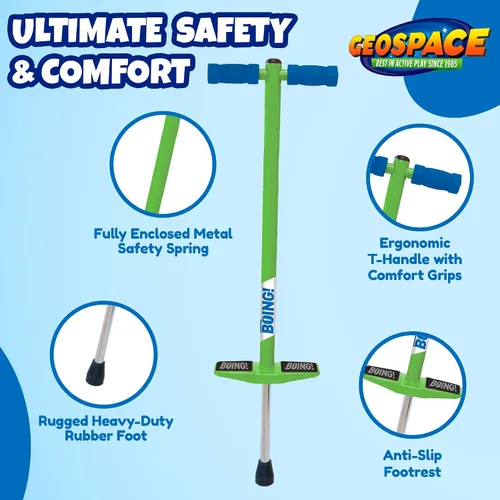 Vista 5 de Geospace Jumparoo BOING! JR. Steel POGO STICK by Air Kicks, pequeño para niños de 50 a 90 libras, diversión activa al aire libre que promueve