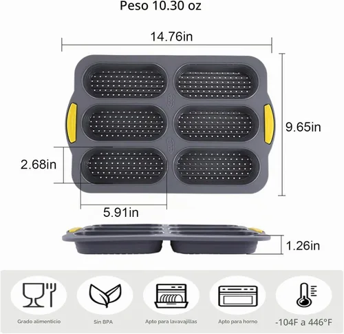 Vista 2 de Molde de silicona para pan de 6 cavidades, molde de pan de masa madre antiadherente y resistente al calor para baguette, moldes de pan para pan 6