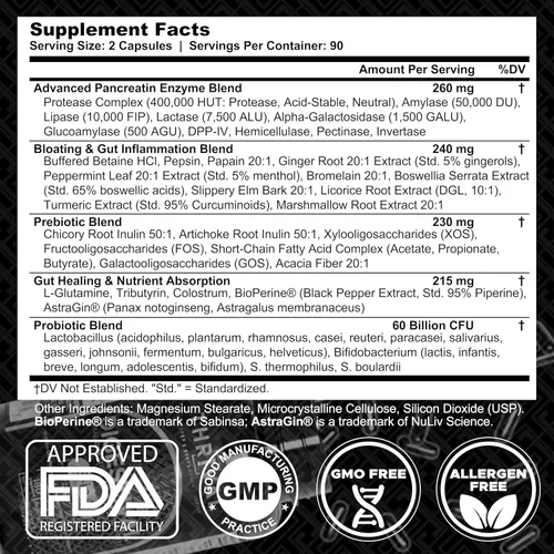 Vista 5 de Fórmula digestiva 5 en 1 para la salud intestinal: probióticos, prebióticos, enzimas, curación intestinal y alivio de la hinchazón con 53