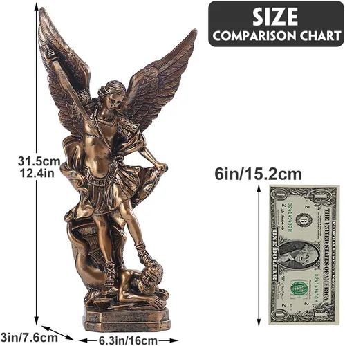 Vista 2 de QIANLING Estatua de San Miguel Arcangel de 12.5 pulgadas, estatua de San Miguel en resina bronceada, figuras de la colección de San Miguel Arcángel
