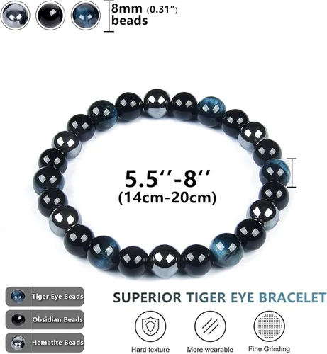 Vista 10 de SAMXY Triple Protection Bracelet, 8mm Healing Crystal Bead Bracelet, 3pcs Blue Red Tiger's Eye Obsidian Hematite Bracelet Women Men