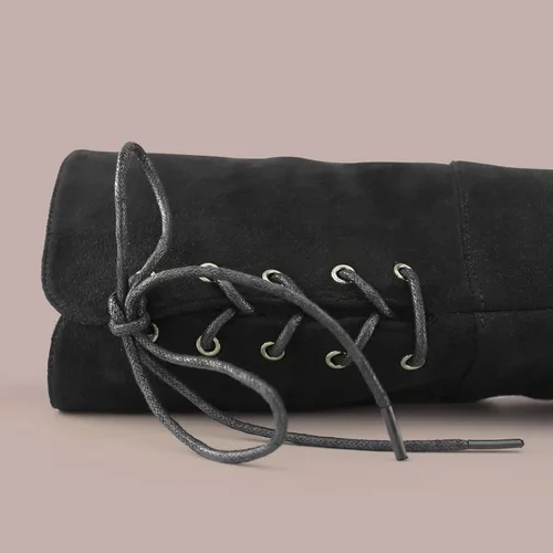 Vista 7 de Hawkwell Botas altas hasta el muslo para mujer, botas de tacón plano bajo negro sobre la rodilla