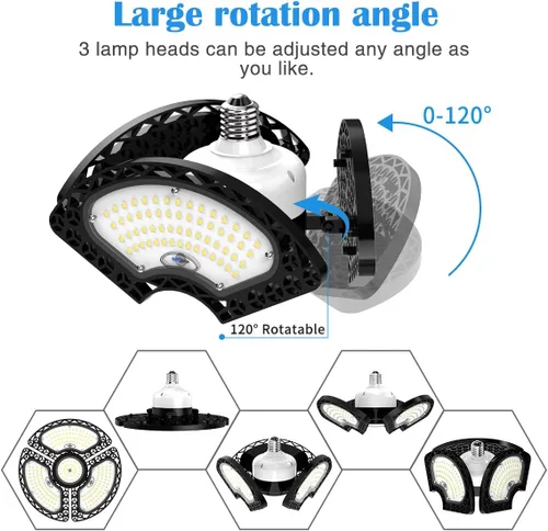 Vista 2 de Luces LED de garaje, 80 W, LED deformable, luces de techo 12000 LM, CRI 80 LED, Luces de Tienda para Garaje, Luces de Garaje con 3 paneles