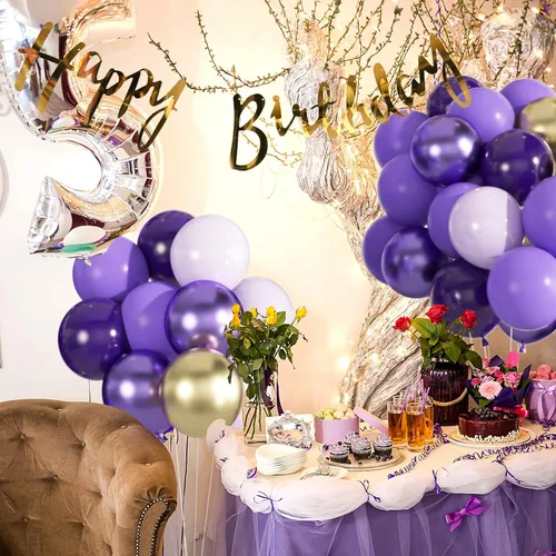 Vista 5 de Kit de arco de guirnalda de globos morados y dorados de 163 piezas - Globos morados oscuros, lavanda lila, globos dorados metálicos para bodas, baby