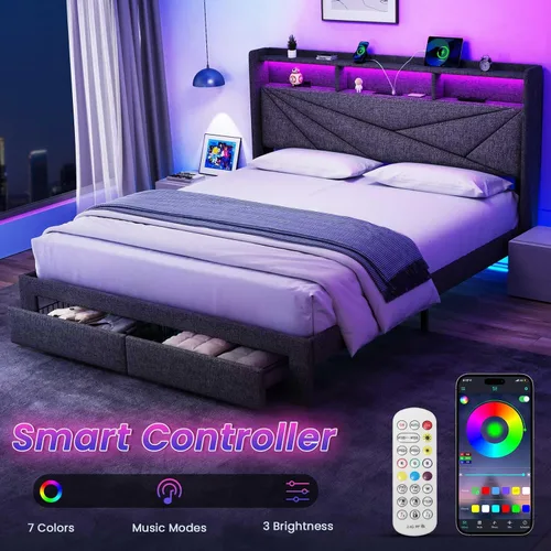 Vista 3 de Driftalia Base de cama de tamaño completo con cabecera de almacenamiento de 2 niveles, base de cama de tamaño completo tapizada con 2 cajones