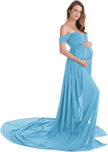 Vista 2 de Vestido de fotografía de gasa con hombros descubiertos y abertura frontal para sesión de fotos, boda, fiesta, baby shower