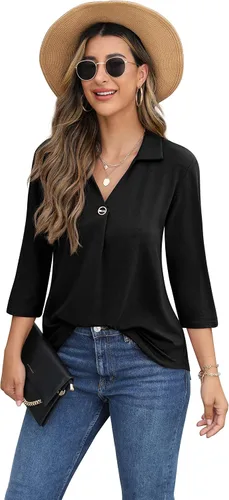 Vista 5 de QIXING Blusa casual de verano para mujer, cuello en V, con botones, elegante, para mujer