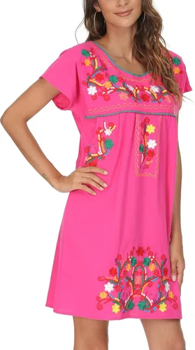 Vista 9 de YZXDORWJ - Vestido mexicano bordado de manga corta para mujer