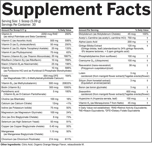 Vista 5 de BrainMD Dr Amen Bright Minds Memory Multi, sabor naranja y mango, polvo de 5.4 onzas, soporte multivitamínico y de memoria, sin gluten, sin azúcar