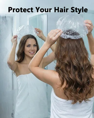 Vista 7 de Aquior Gorro de ducha desechable, 50 piezas de gorras de baño más grandes, gruesas, transparentes, impermeables, de plástico elástico, para mujeres