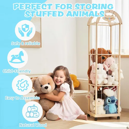 Vista 2 de Organizador grande de almacenamiento de animales de peluche, 61 pulgadas de alto de madera de alta calidad, lindo soporte para juguetes de zoológico