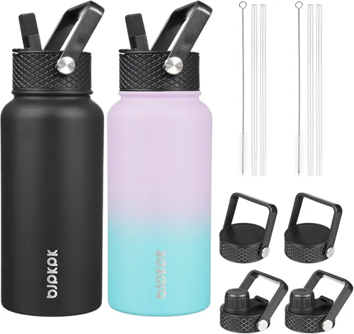 Vista 22 de BJPKPK Paquete de 2 botellas de agua aisladas con tapas con pajita, botella de agua de metal de acero inoxidable de 18oz con 6 tapas, jarras a
