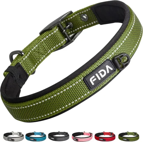Vista 14 de Fida Collar para perro de alta resistencia, acolchado de neopreno suave ultra cómodo, collar de nailon reflectante ajustable para mascotas con Negro