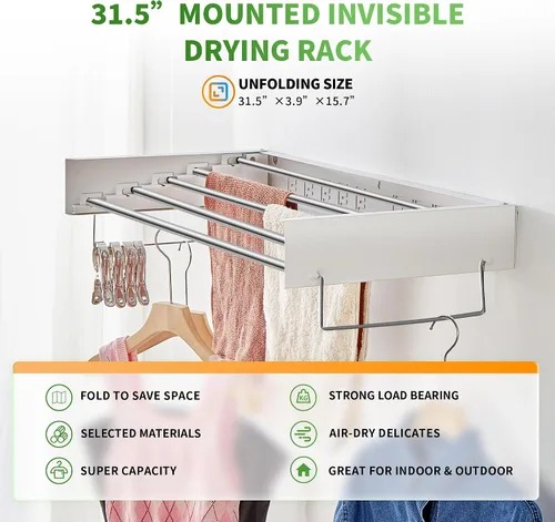 Vista 2 de Heshecein - Tendedero plegable para colgar en la pared, 5 varillas de acero inoxidable, estante plegable para ropa y toallas para interiores