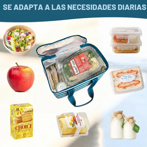 Vista 7 de VENO Paquete de 2 bolsas de almuerzo aisladas, resistentes al agua Raya azul marino clásica