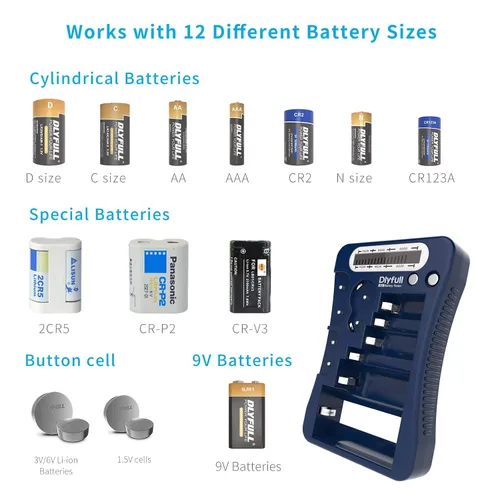 Vista 2 de Comprobador de batería, Dlyfull con pantalla LCD, comprobador de batería universal para pilas AA, AAA, C, D, 9V, CR2032, CR123A, CR2, CRV3, 2CR5