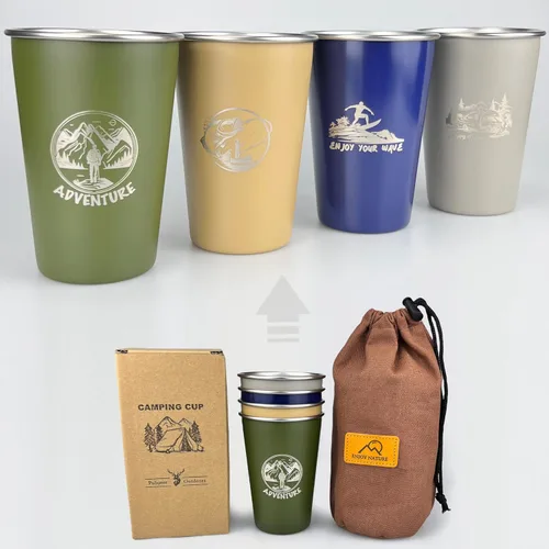 Vista 2 de Taza de camping de 16 onzas (paquete de 4) taza de acero inoxidable 18/8 para picnic al aire libre, senderismo, pesca, surf, fiesta, taza de metal