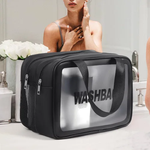 Vista 6 de Bolsa de lavado para mujeres y hombres, bolsa de aseo de viaje de gran capacidad con ventana translúcida mate y bolsillos húmedos/secos, organizador