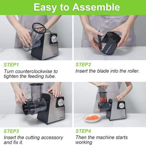 Vista 8 de Rallador Eléctrico de Queso, Máquina de Ensalada 5 en 1 con Cuchillas de Acero Inoxidable, Rebanador y Rallador Eléctrico de Alimentos de 250W