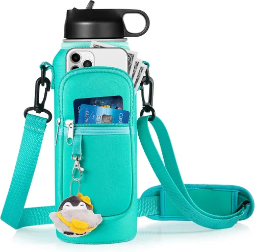 Vista 8 de RRegeny Soporte para botella de agua con correa para Hydroflask de 32 oz 40 onzas, bolsa de transporte con bolsillo para teléfono, funda para Negro