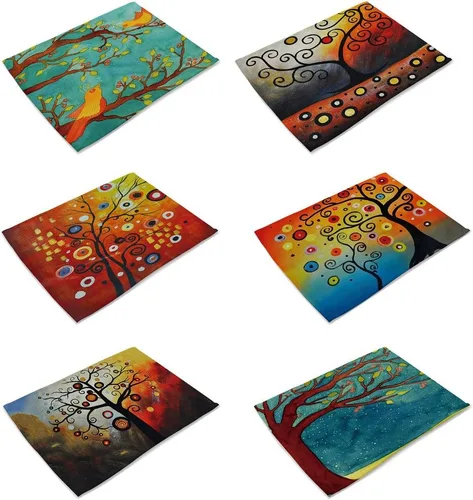 Vista 5 de 6 piezas de manteles individuales de lino de poliéster Pintura al óleo Animal Patrón de comedor Esterillas de mesa (6) (1)