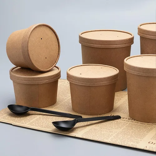 Vista 9 de Paquete de 100 recipientes de papel de 4 onzas para sopa con tapas ventiladas, recipientes desechables para alimentos, tazas de helado de estraza