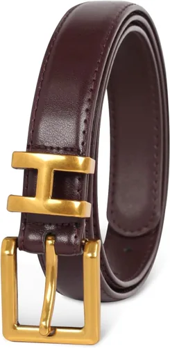 Vista 119 de Cinturón de cuero clásico con hebilla de metal para mujer con vestido de jeans