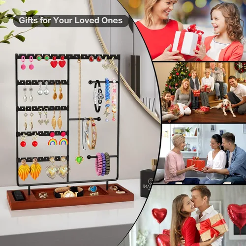 Vista 7 de Godboat Organizador de joyas, organizador de aretes con 44 agujeros, soporte de pulsera de 3 filas y organizador de collares, base de madera