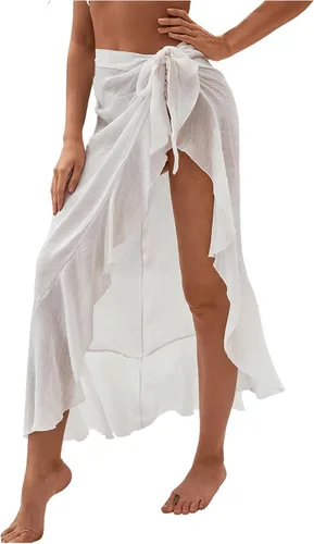 Vista 4 de OYOANGLE Traje de baño de malla transparente para mujer, con volantes, lazo lateral, pareo de playa, falda larga