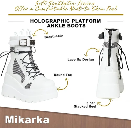 Vista 3 de mikarka Botas holográficas de plataforma para mujer, con cordones al tobillo, con hebilla, góticas, apiladas, de combate, botines de combate