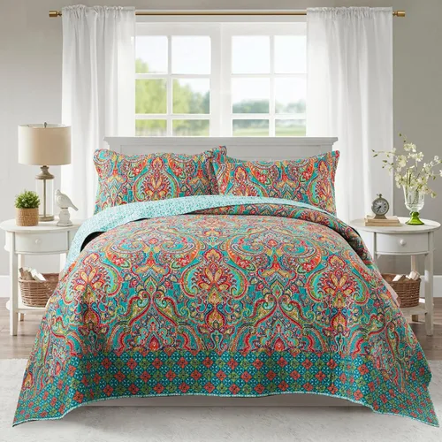 Vista 32 de NEWLAKE - Juego de cubrecama reversible de microfibra bordada con patrón floral en relieve en jacquard beige, tamaño queen