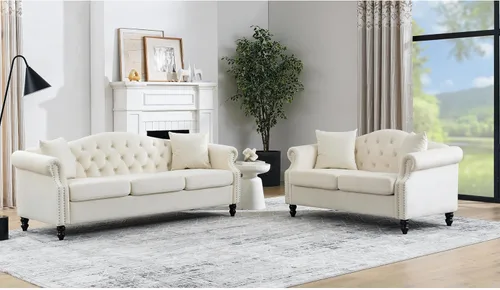 Vista 28 de Juego de Sofá Combinado de Terciopelo Chesterfield de 2 Piezas para Sala de Estar, Sofá de 3 Plazas y Loveseat con Tapizado Capitoné con 4