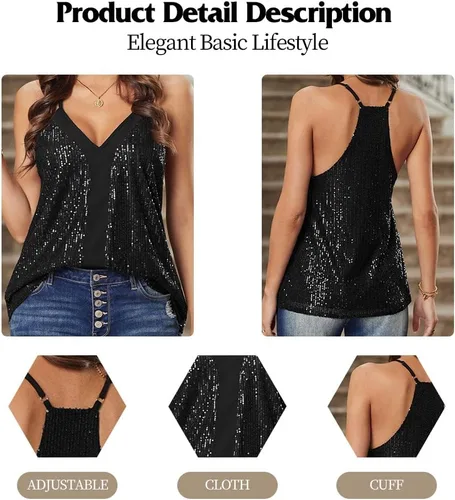 Vista 8 de nqgsntc Blusa brillante con lentejuelas doradas, hombros descubiertos, manga corta, cuello en V, brillante, casual, ajustada, brillante