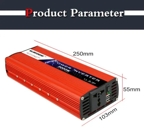 Vista 5 de Inversor – Inversor de 3000 W de 12 V/24 V a 110 V/230 – Inversor solar – Enchufe de CA universal internacional de seguridad 2 puertos de carga USB