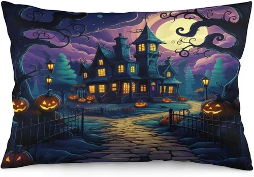 Vista 19 de Fundas de almohada frescas de casa embrujada, castillo, luna, bosque medieval, calabaza, fundas de almohada rectangulares con cremallera invisible