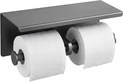 Vista 7 de Soporte de papel higiénico doble de acero inoxidable con estante de almacenamiento para teléfono (gris)