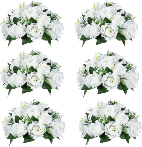 Vista 28 de Sziqiqi Flores de rosas artificiales de seda sintética para decoración de centros de mesa de boda, decoración del hogar, paquete de 2 unidades Azul