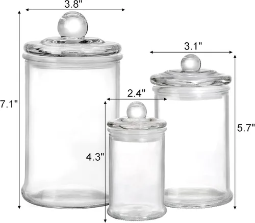 Vista 2 de Juego de 3 tarros de boticario de vidrio con tapas, recipientes de baño, tarros de almacenamiento pequeños decorativos de vidrio para hisopos