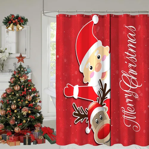 Vista 7 de Red Santa Claus Snowman Merry Christmas Happy New Year Shower Curtain for Bathroom, Holiday Xmas Bath Home Decor 72x72 Inch