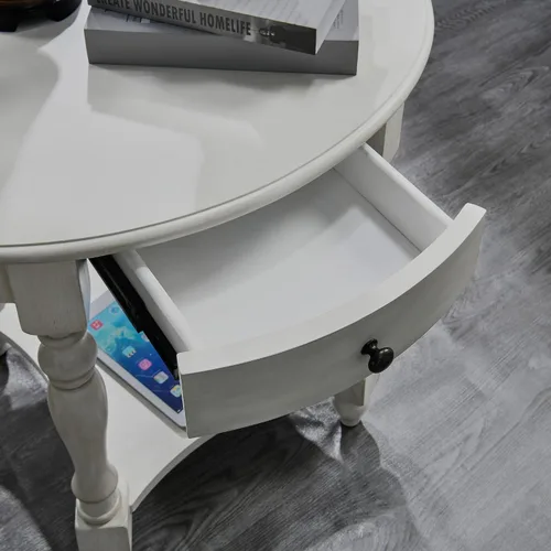 Vista 5 de Mesa auxiliar ovalada con cajón, estante de almacenamiento lateral de madera maciza para sofá, mesa de esquina tradicional para sala de estar