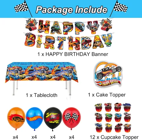 Vista 2 de Decoraciones de fiesta temática de autos calientes, suministros para fiesta de cumpleaños con volante de carreras, incluye pancarta de feliz
