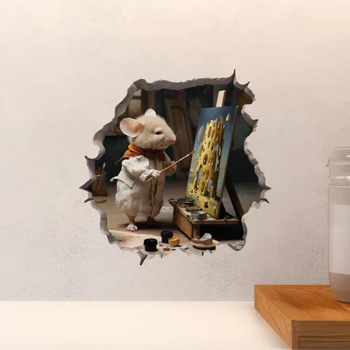 Vista 5 de Pegatina de pared 3D con diseño de ratón en el agujero del artista pintor