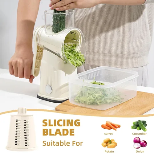Vista 6 de Rallador rotativo de queso con asa, triturador de verduras con 5 cuchillas reemplazables y base de succión fuerte, rebanador redondo de alimentos